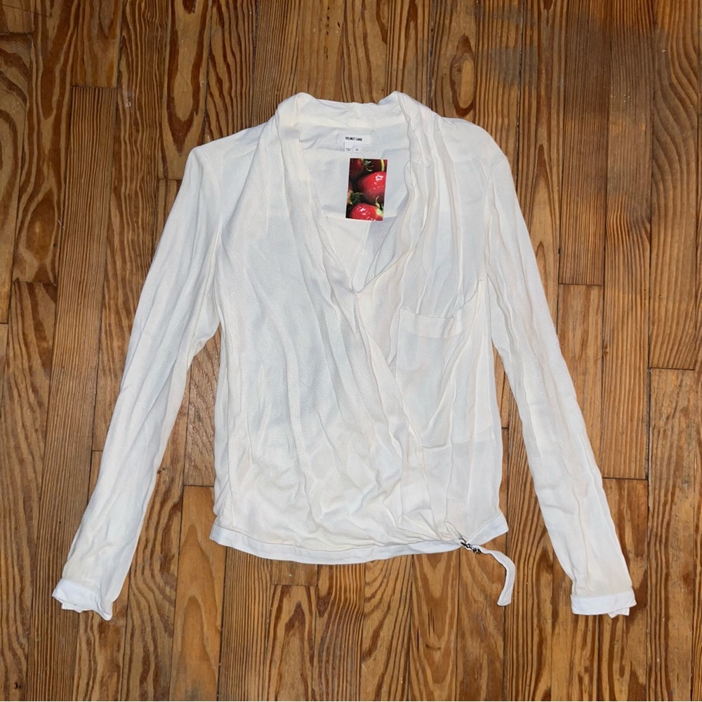 Helmut Lang White Sheer Blouse with Lambskin Belt